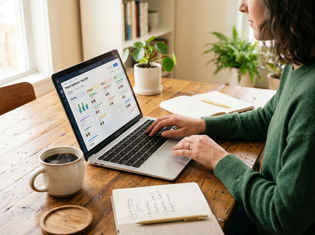 Persona che gestisce il proprio progetto su un computer portatile